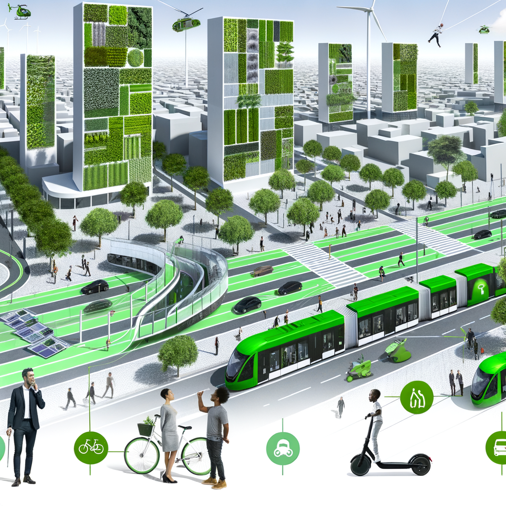 Futuristic cityscape blending green transport solutions.