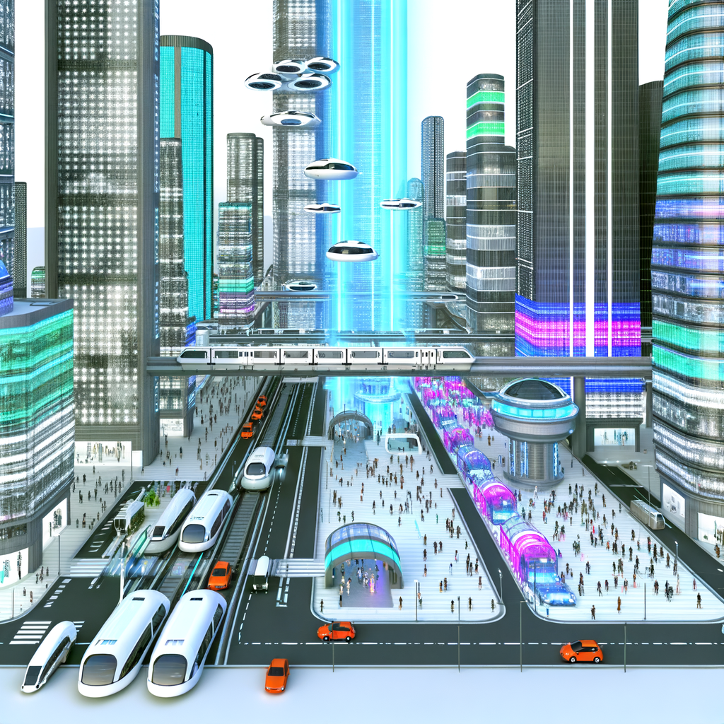 Futuristic cityscape with diverse mobility solutions.