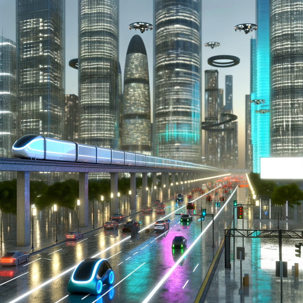 Futuristic cityscape with diverse mobility solutions.