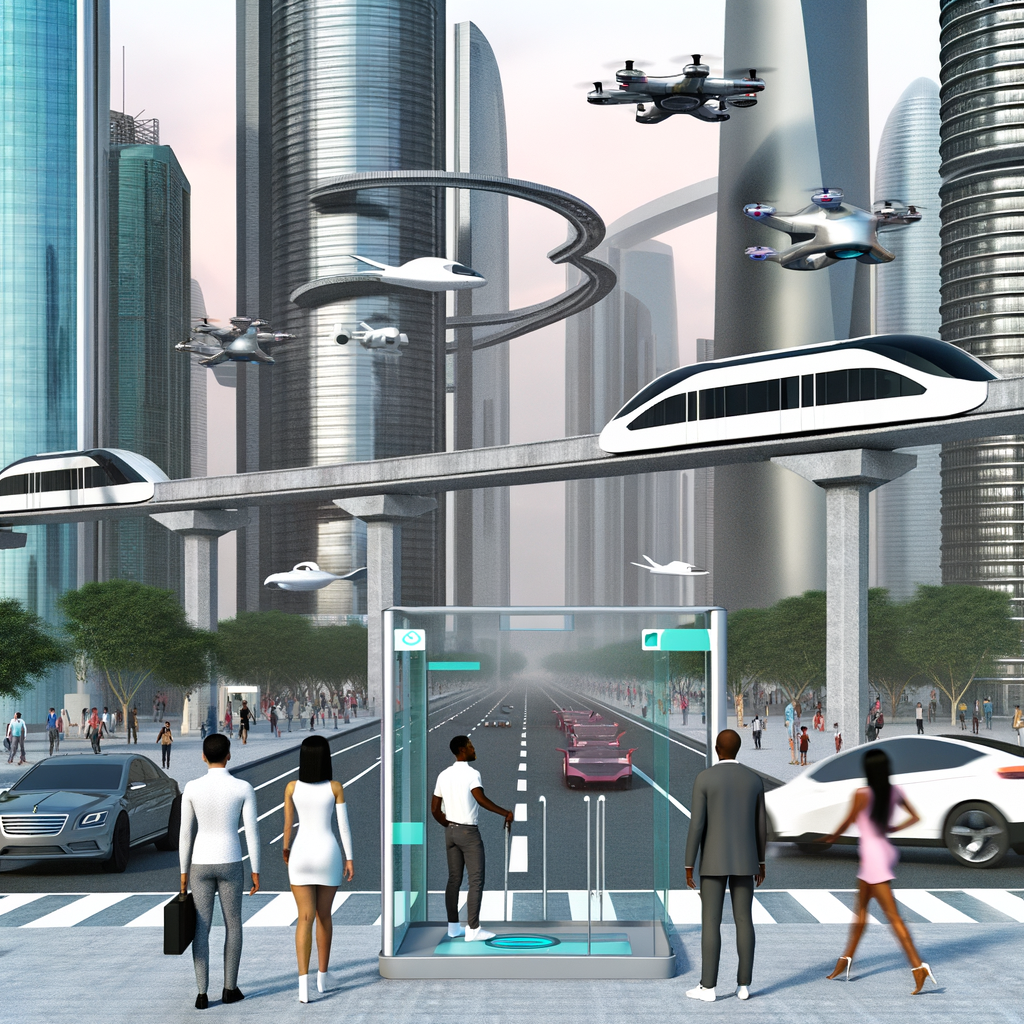 Futuristic cityscape with diverse mobility solutions.