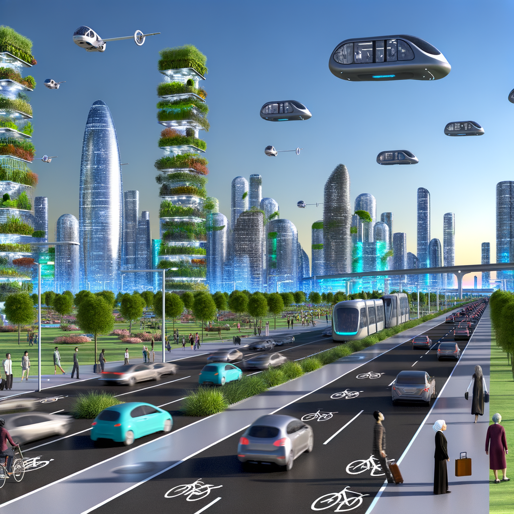 Futuristic cityscape with diverse sustainable transport.