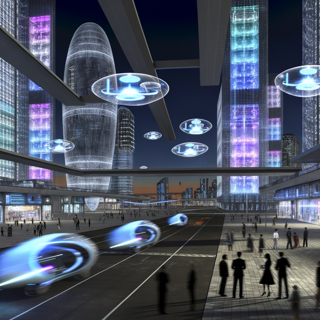 Futuristic cityscape with diverse transportation modes.