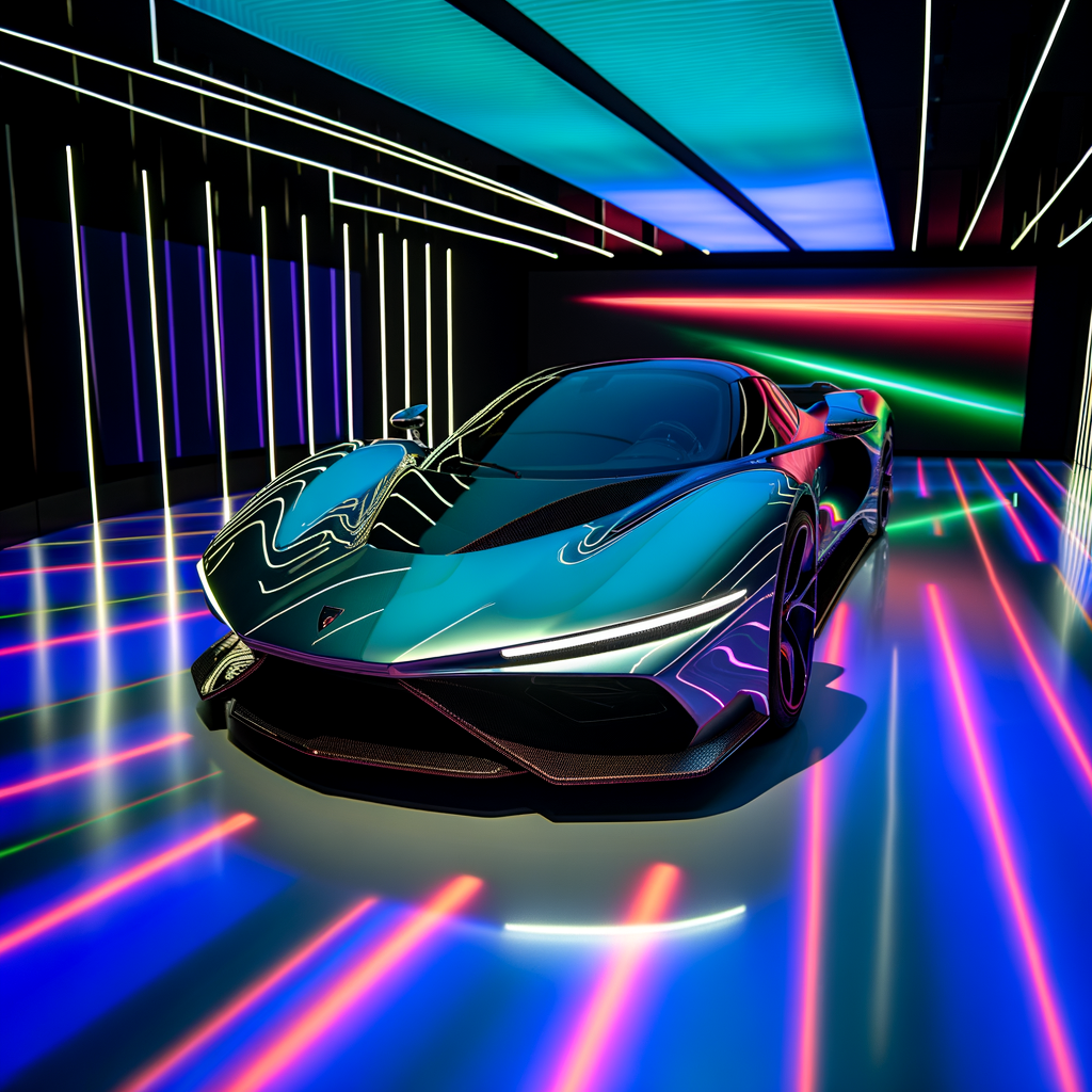 Lamborghini supercar gleaming under futuristic lights.