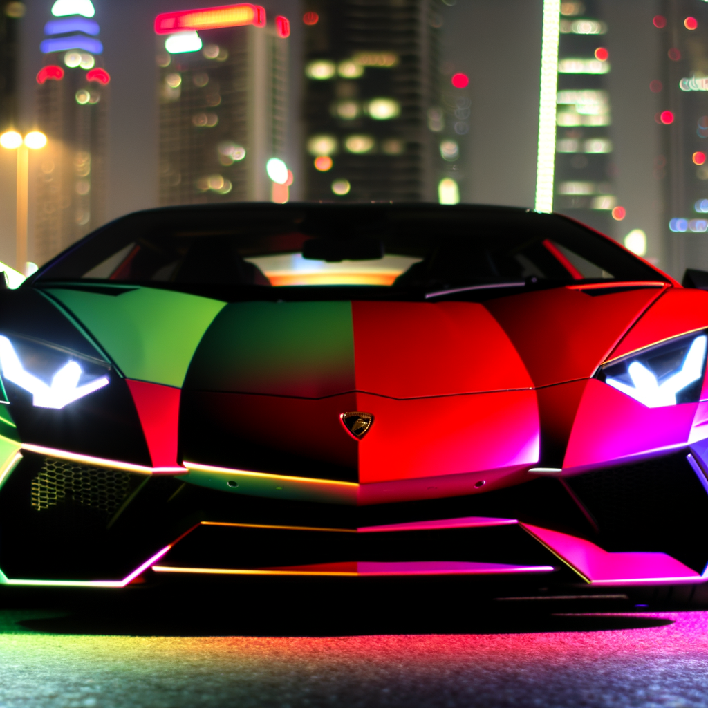 Lamborghini supercar glistening under city lights.