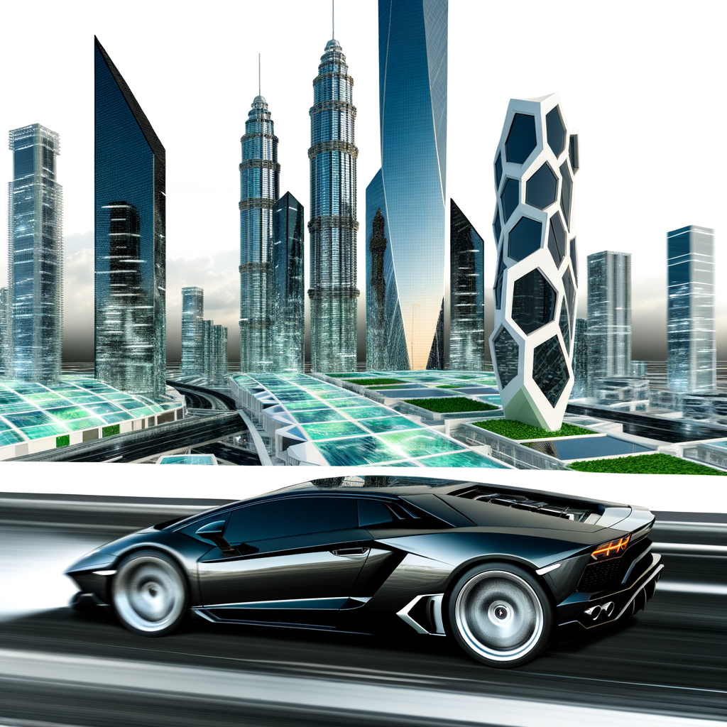 Lamborghini supercar racing through futuristic cityscape.