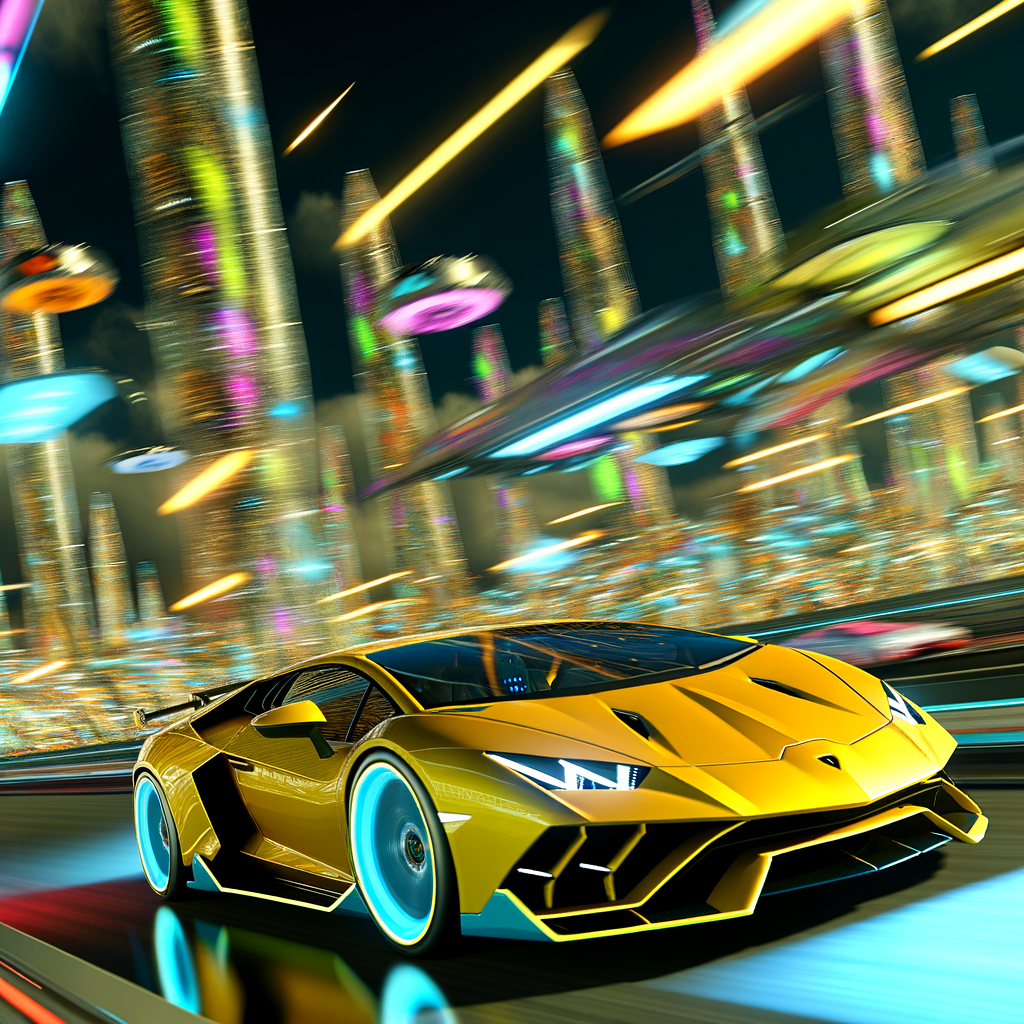 Lamborghini supercar speeding through futuristic cityscape.