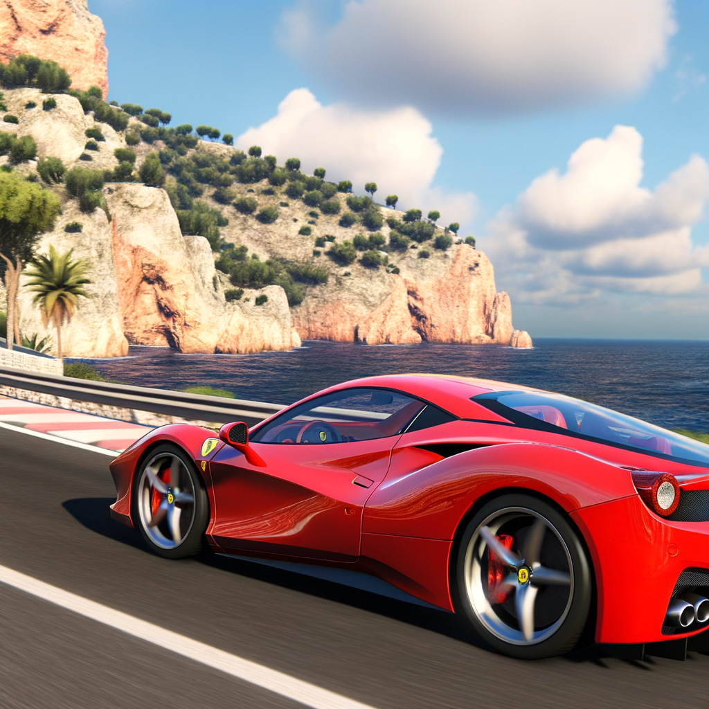 Photorealistic Ferrari supercar on coastal highway.