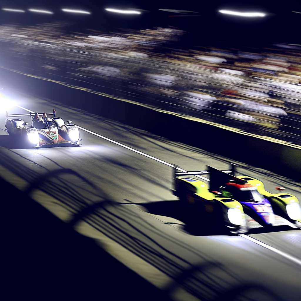 Race cars speed through night-lit track.