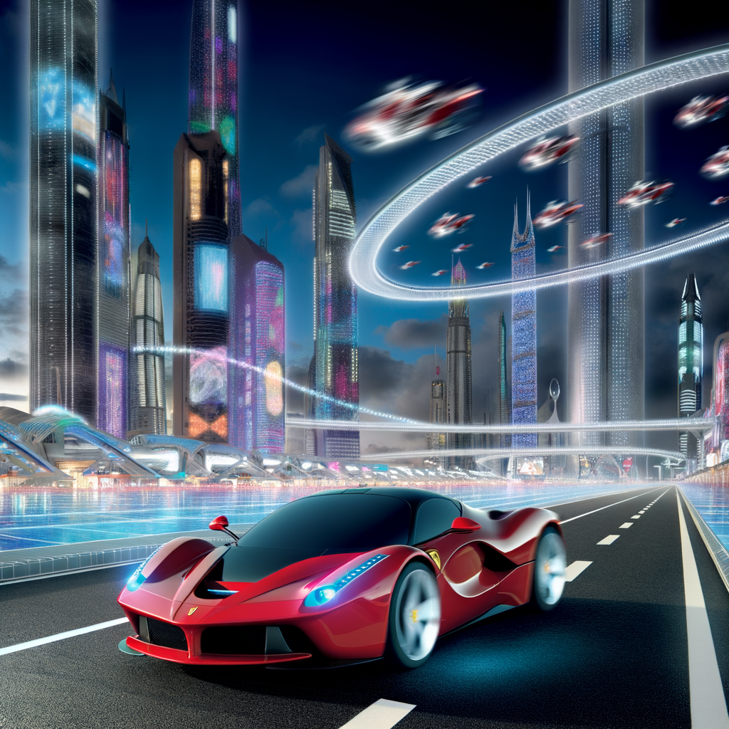 Sleek Ferrari supercar racing through futuristic cityscape.