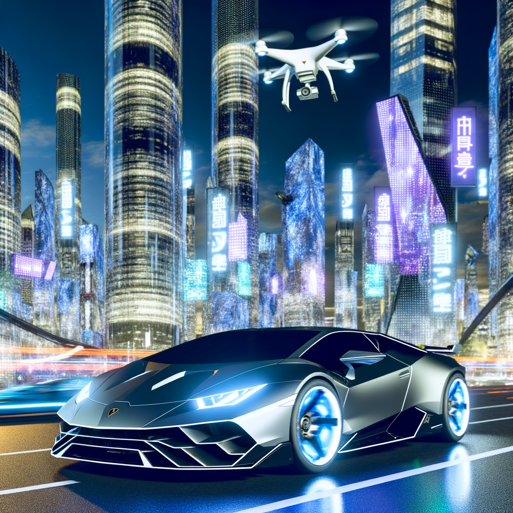 Sleek hybrid Lamborghini amidst futuristic cityscape.