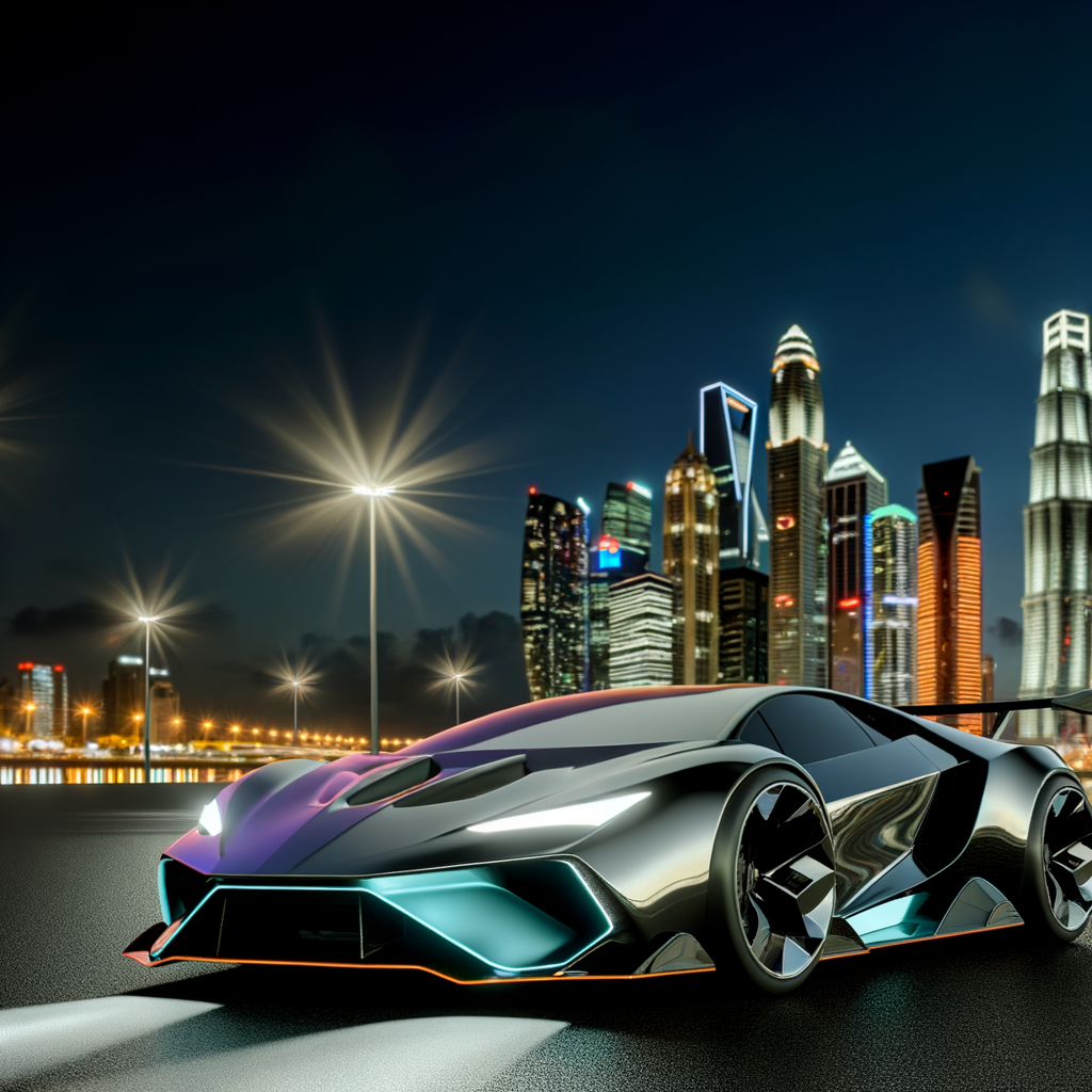 Sleek Lamborghini amidst futuristic cityscape at dusk.