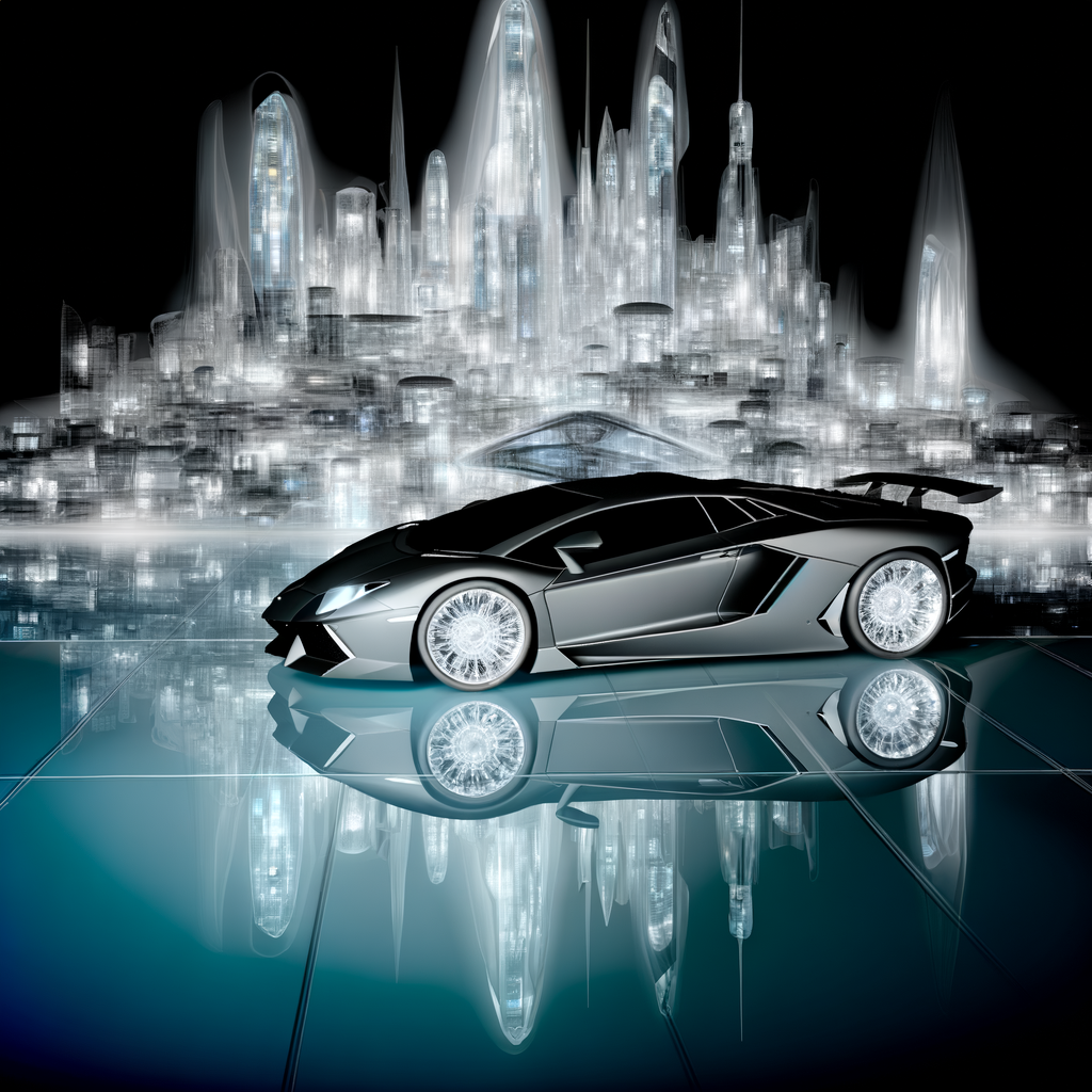 Sleek Lamborghini amidst futuristic cityscape glow.