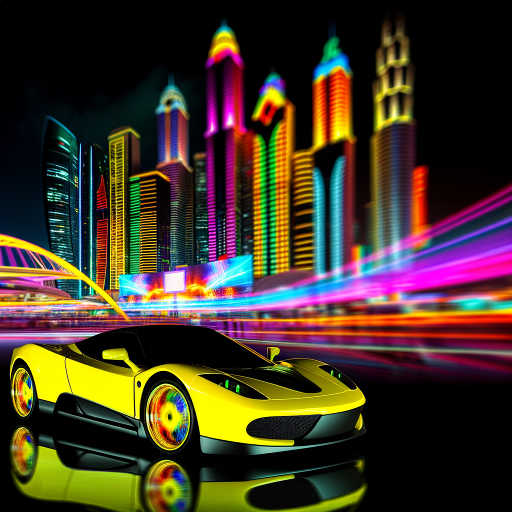 Sleek Lamborghini speeds through futuristic cityscape.