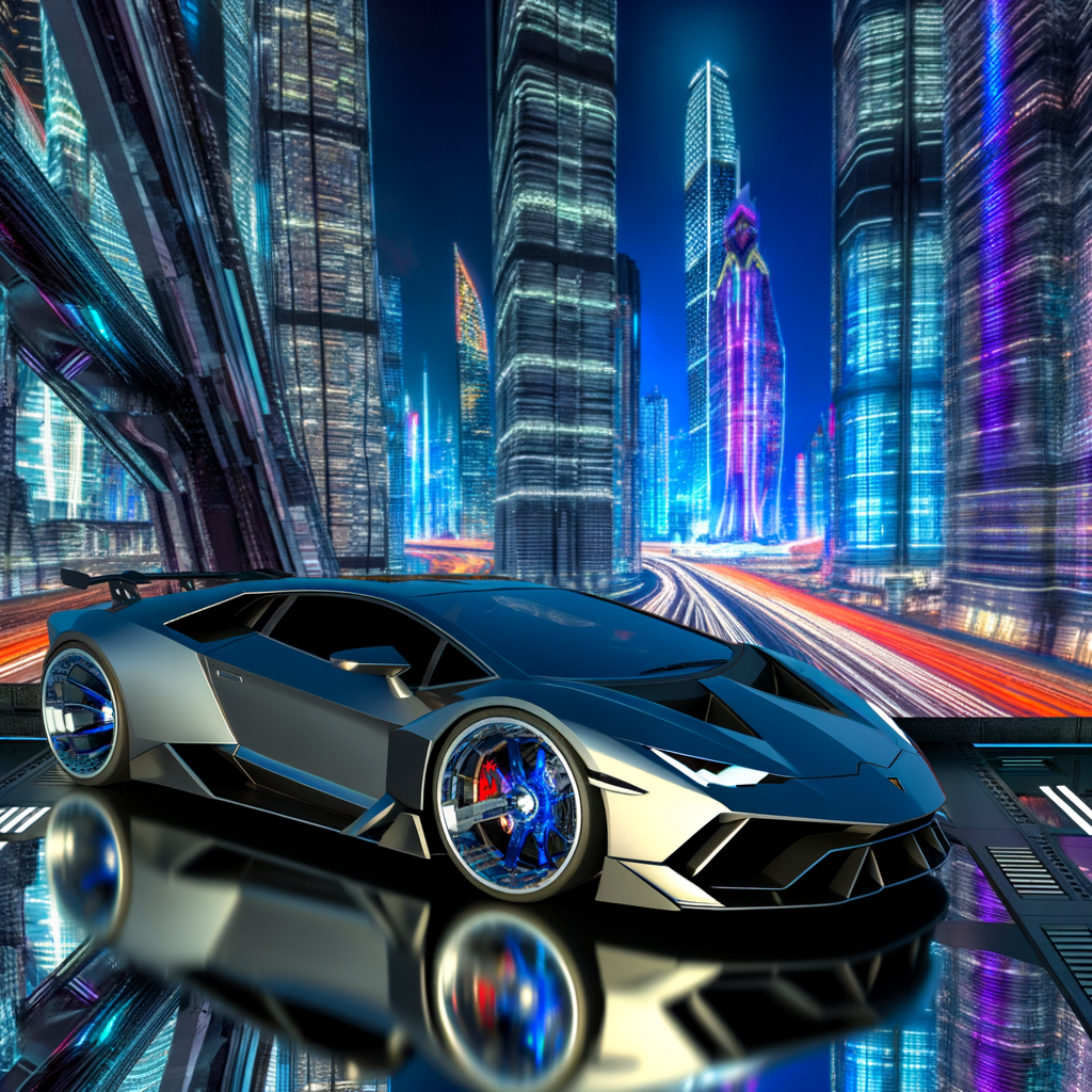 Sleek Lamborghini supercar, futuristic city backdrop.