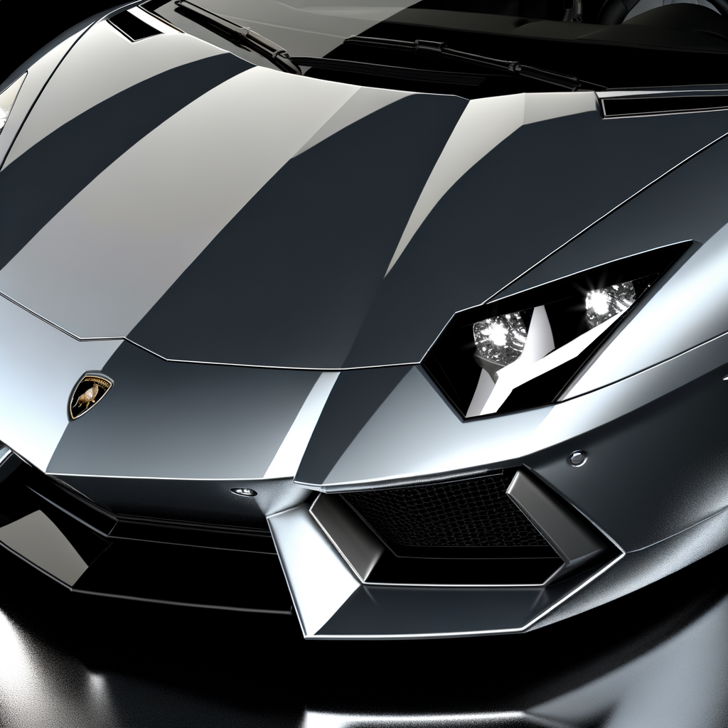 Sleek Lamborghini supercar, gleaming under spotlight.