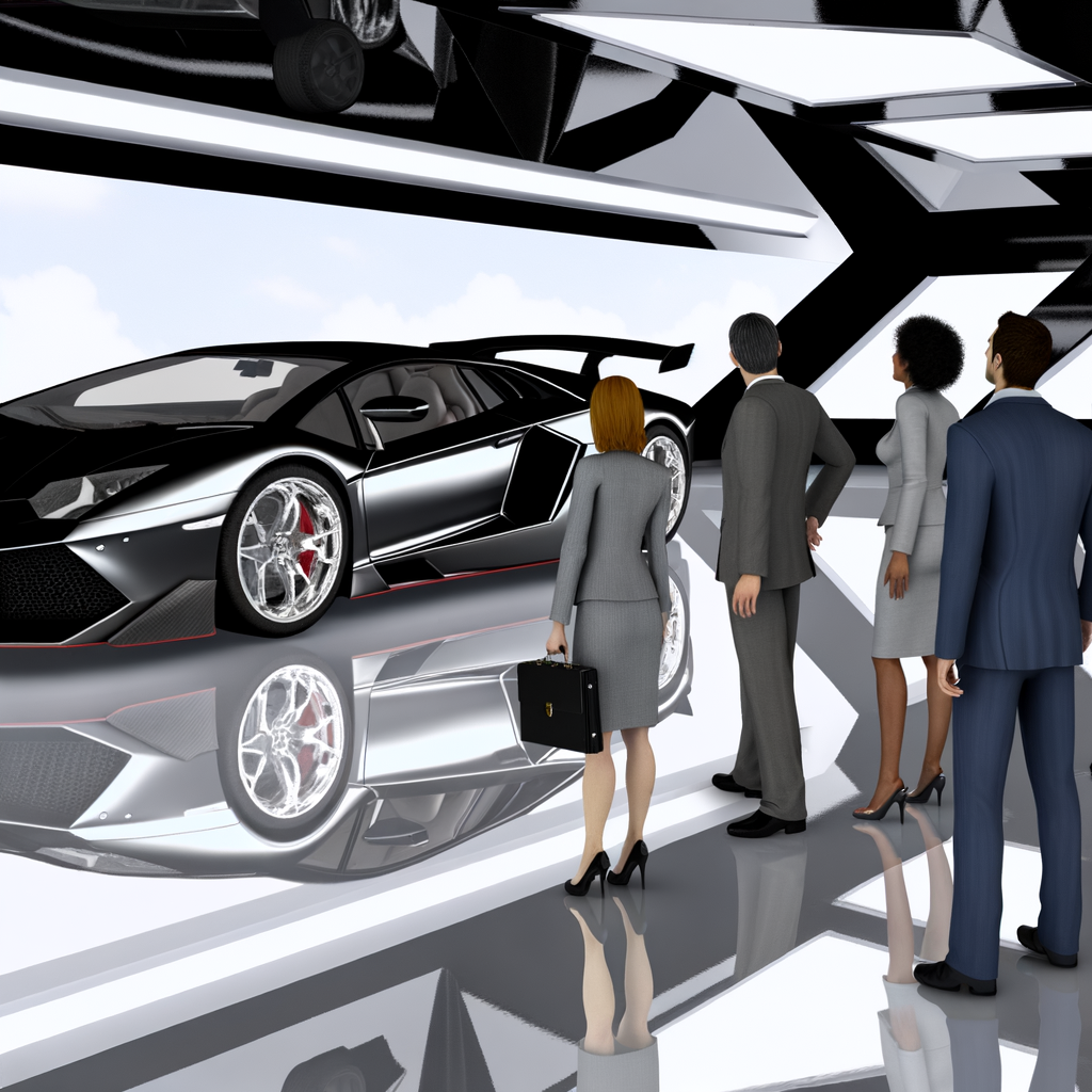 Sleek Lamborghini supercar in futuristic showroom.