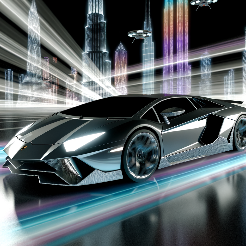 Sleek Lamborghini supercar on futuristic backdrop.