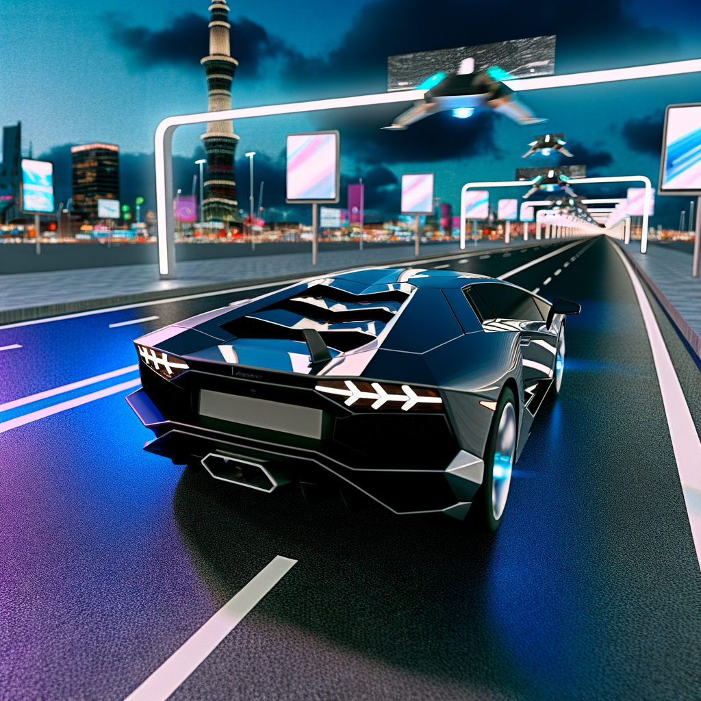 Sleek Lamborghini supercar on futuristic road.