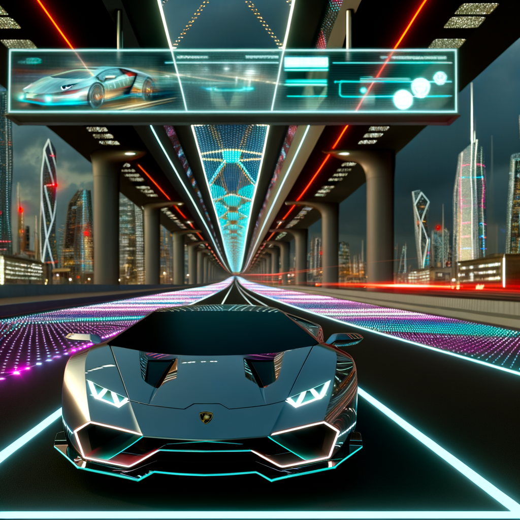 Sleek Lamborghini supercar on futuristic highway.