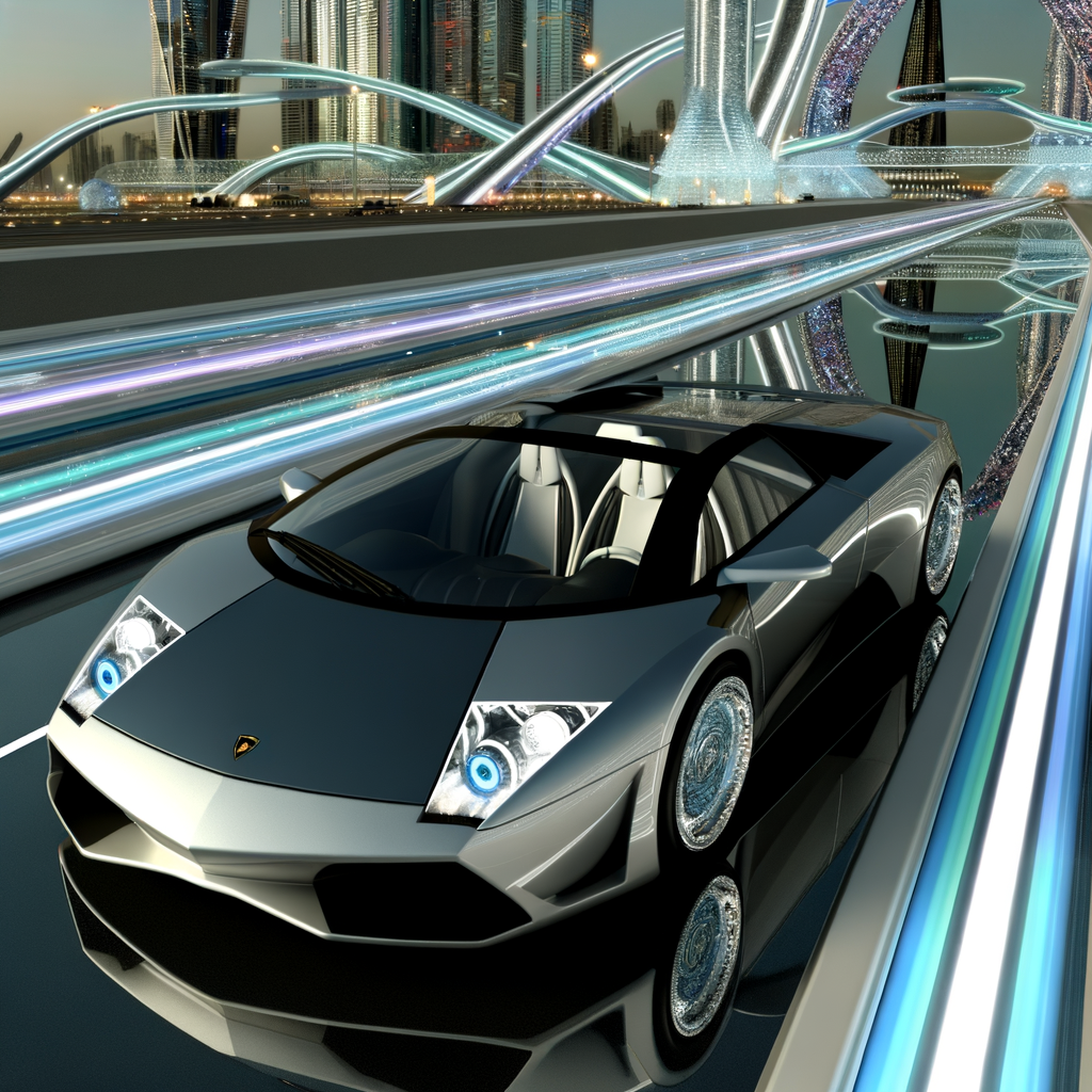 Sleek Lamborghini supercar on futuristic highway.