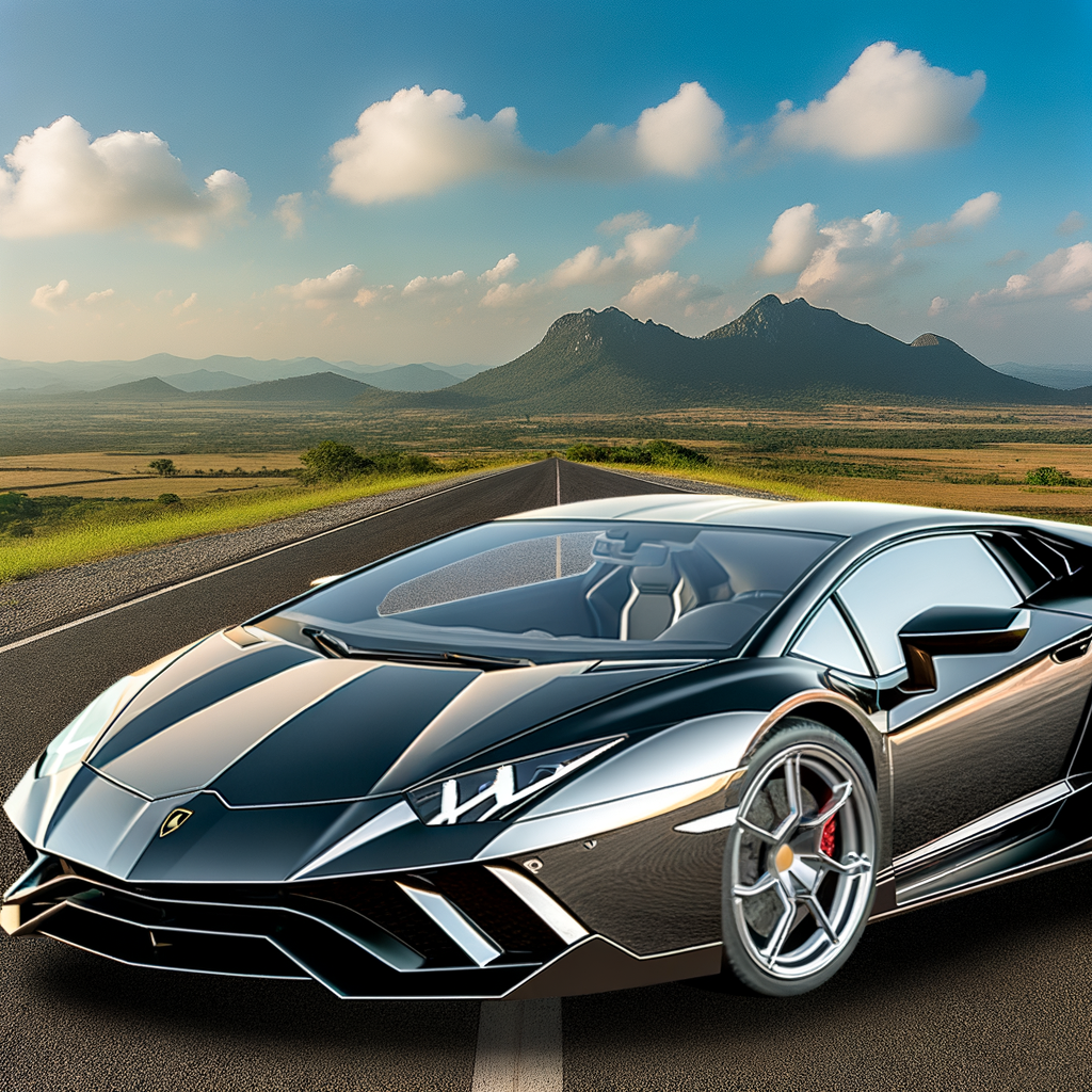 Sleek Lamborghini supercar on scenic highway.