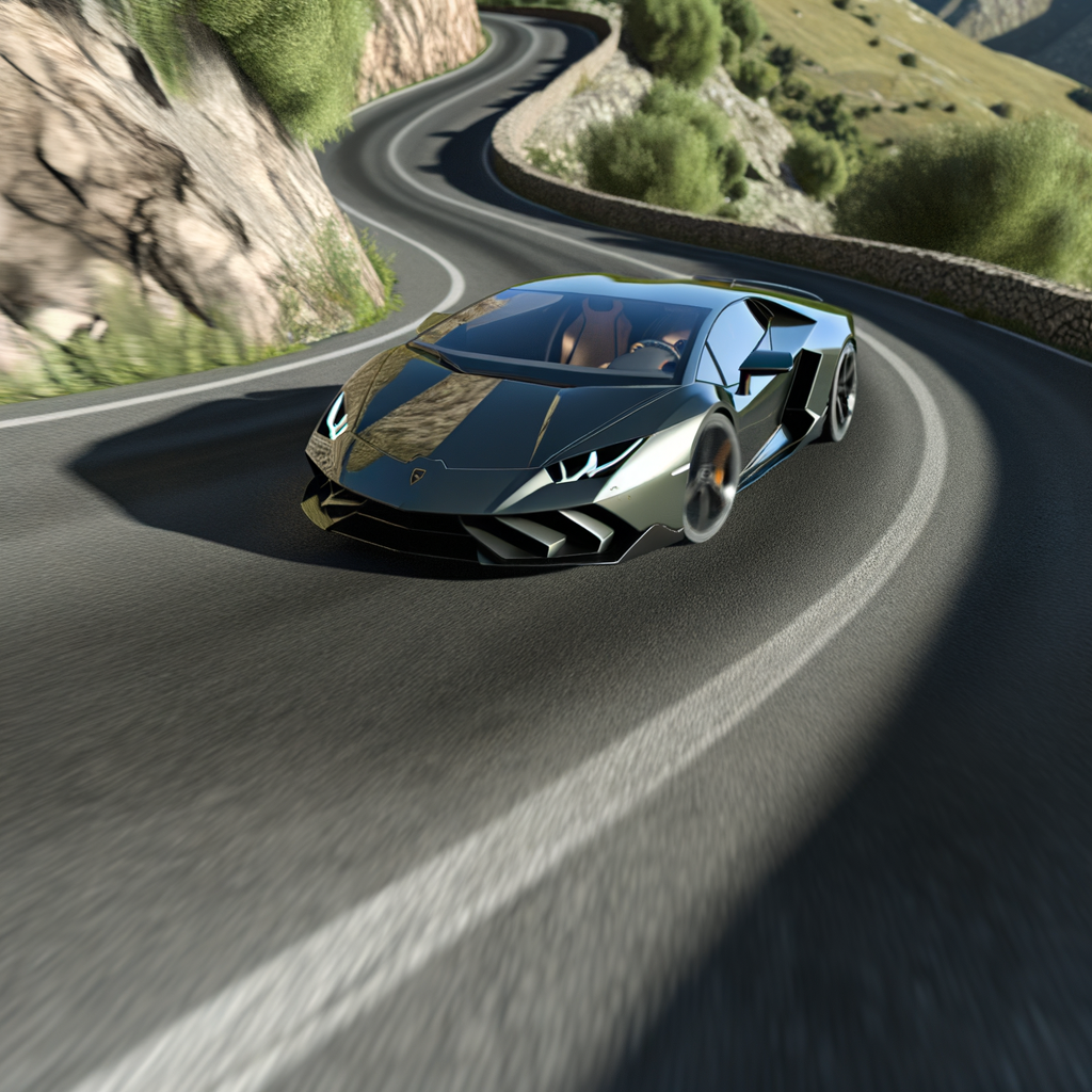 Sleek Lamborghini supercar on winding road.