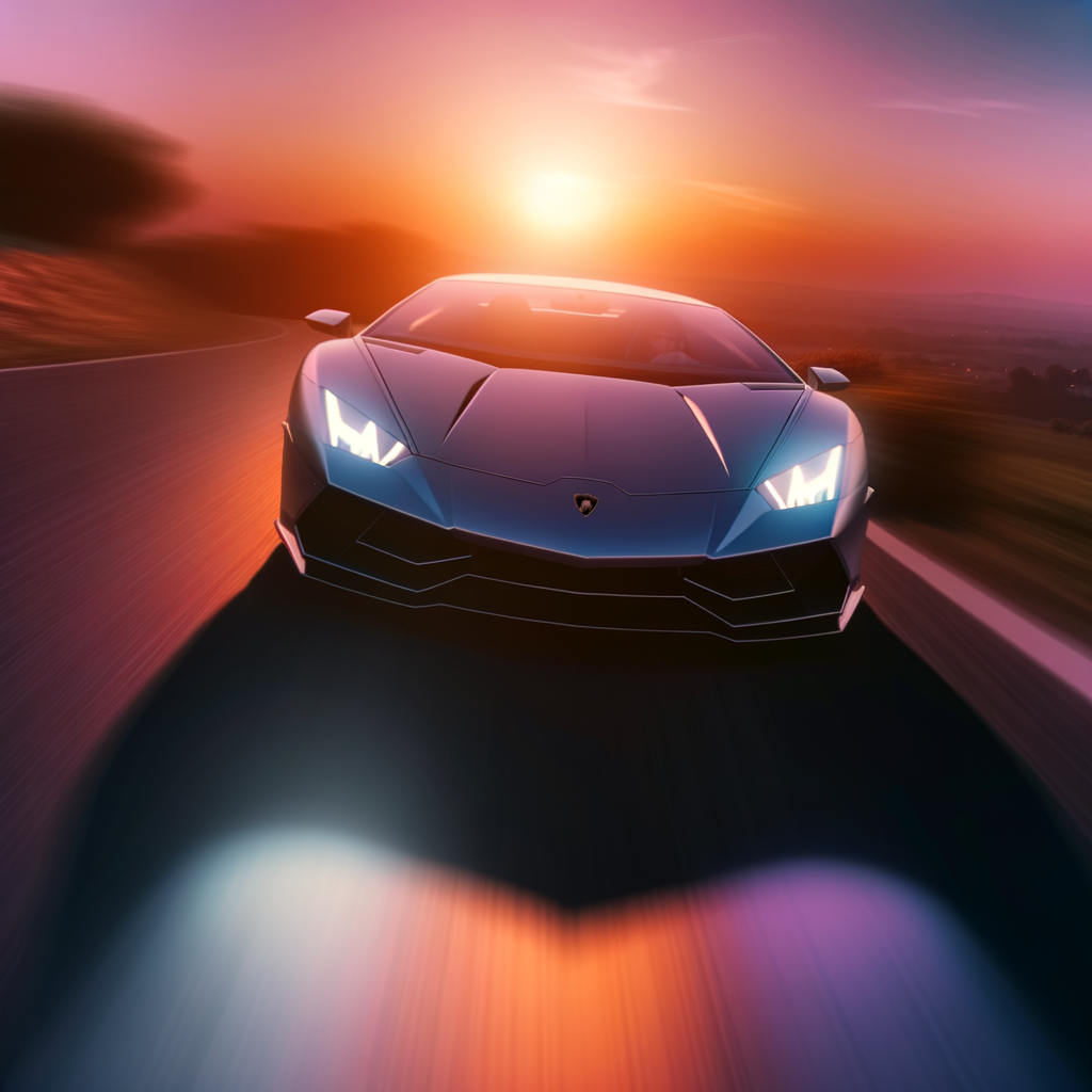 Sleek Lamborghini supercar speeding through sunset.