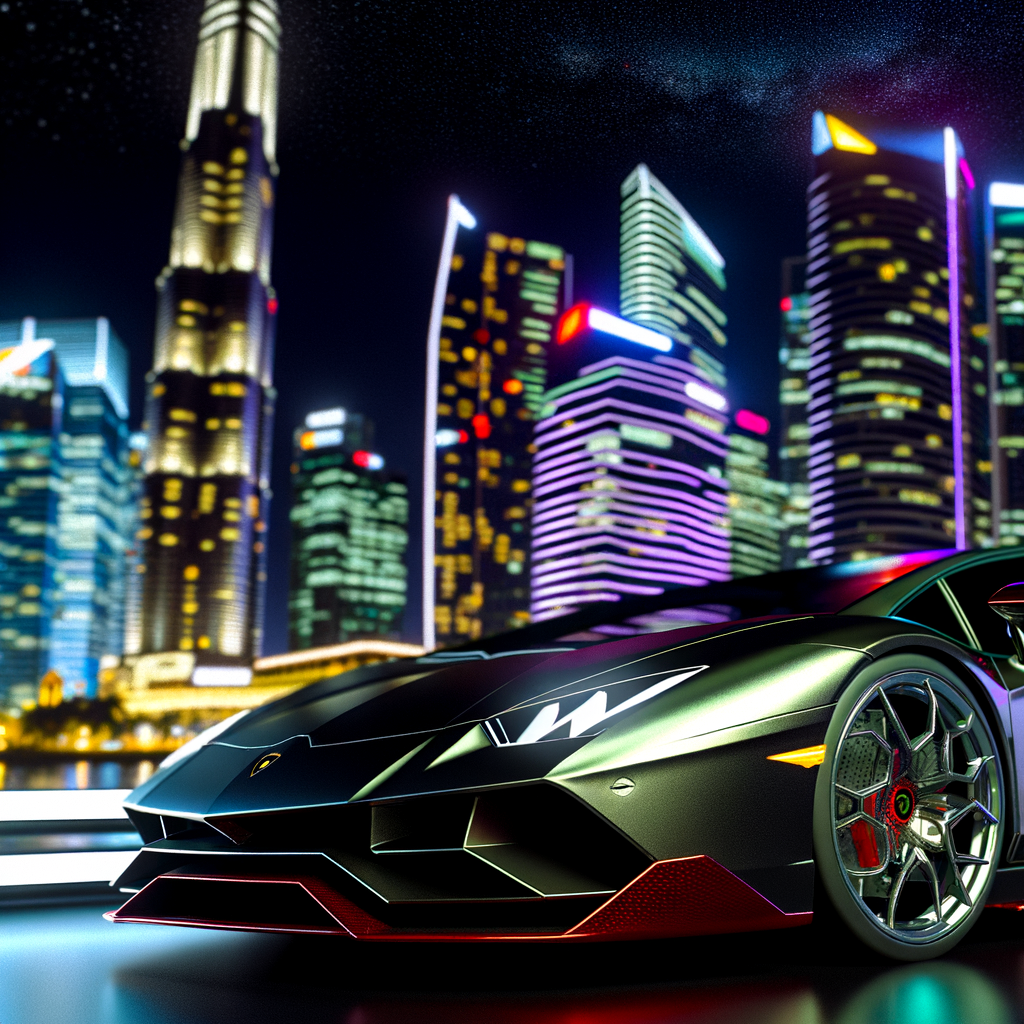 Sleek Lamborghini supercar under city lights.