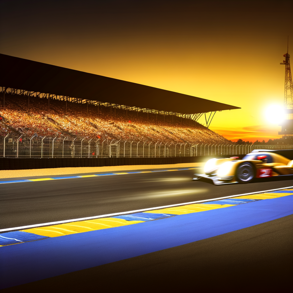 Sunset at Le Mans, cars blazing.