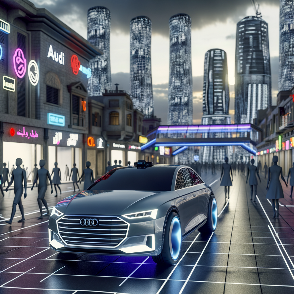 Audi AI car navigating futuristic cityscape.