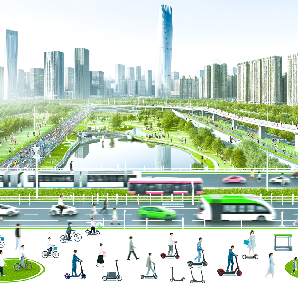 Cityscape with diverse mobility solutions intertwined.