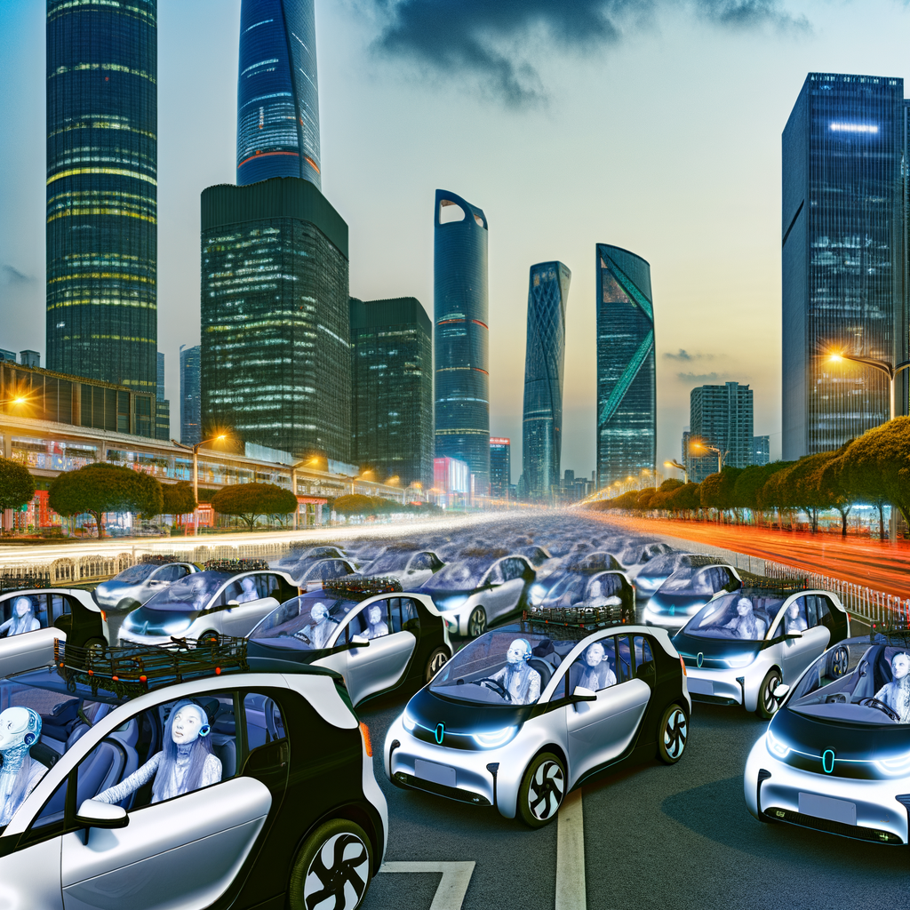 Electric cars dominate bustling Chinese cityscape.