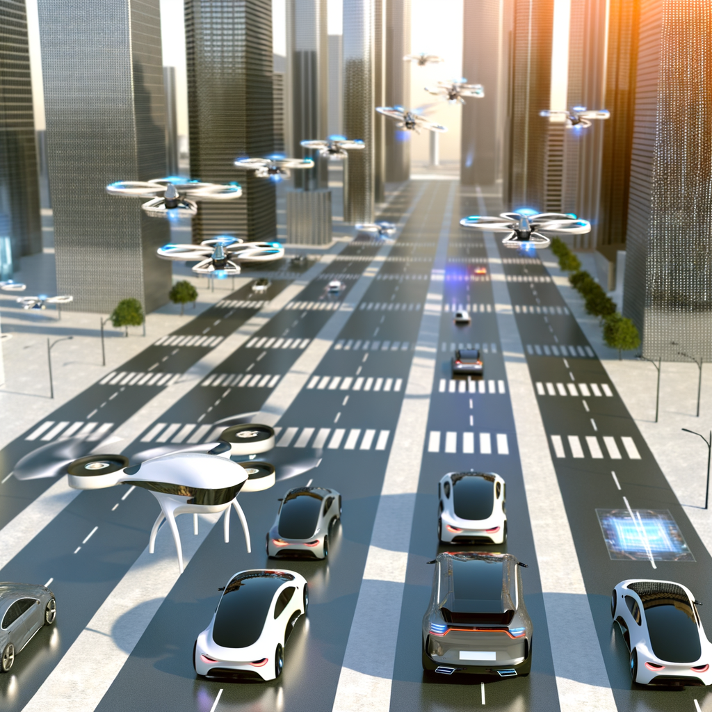 Electric cars, drones, AI, futuristic cityscape.