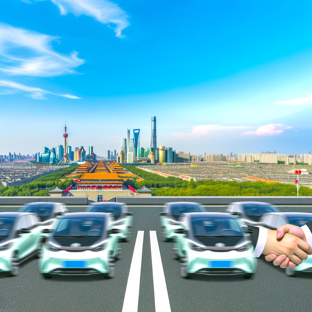 EVs cruising, China's skyline, partnership handshake.