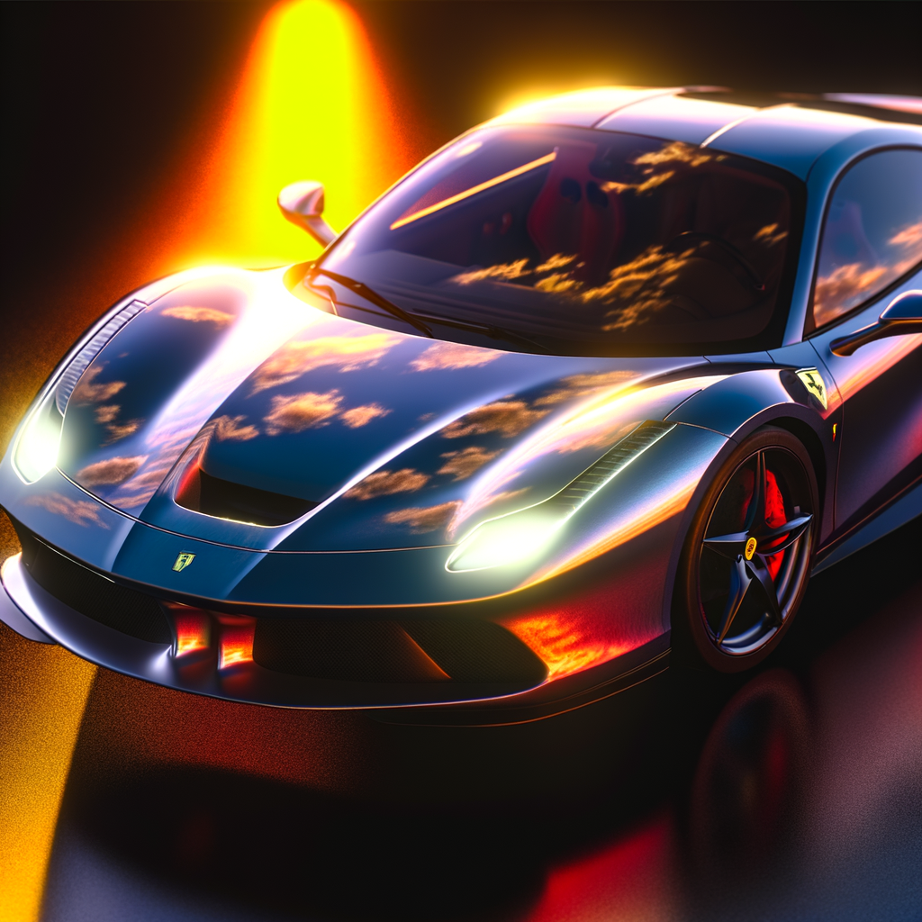 Ferrari hybrid supercar glistening under sunset.