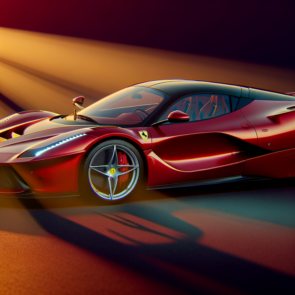 Ferrari hybrid supercar glistens in sunset.