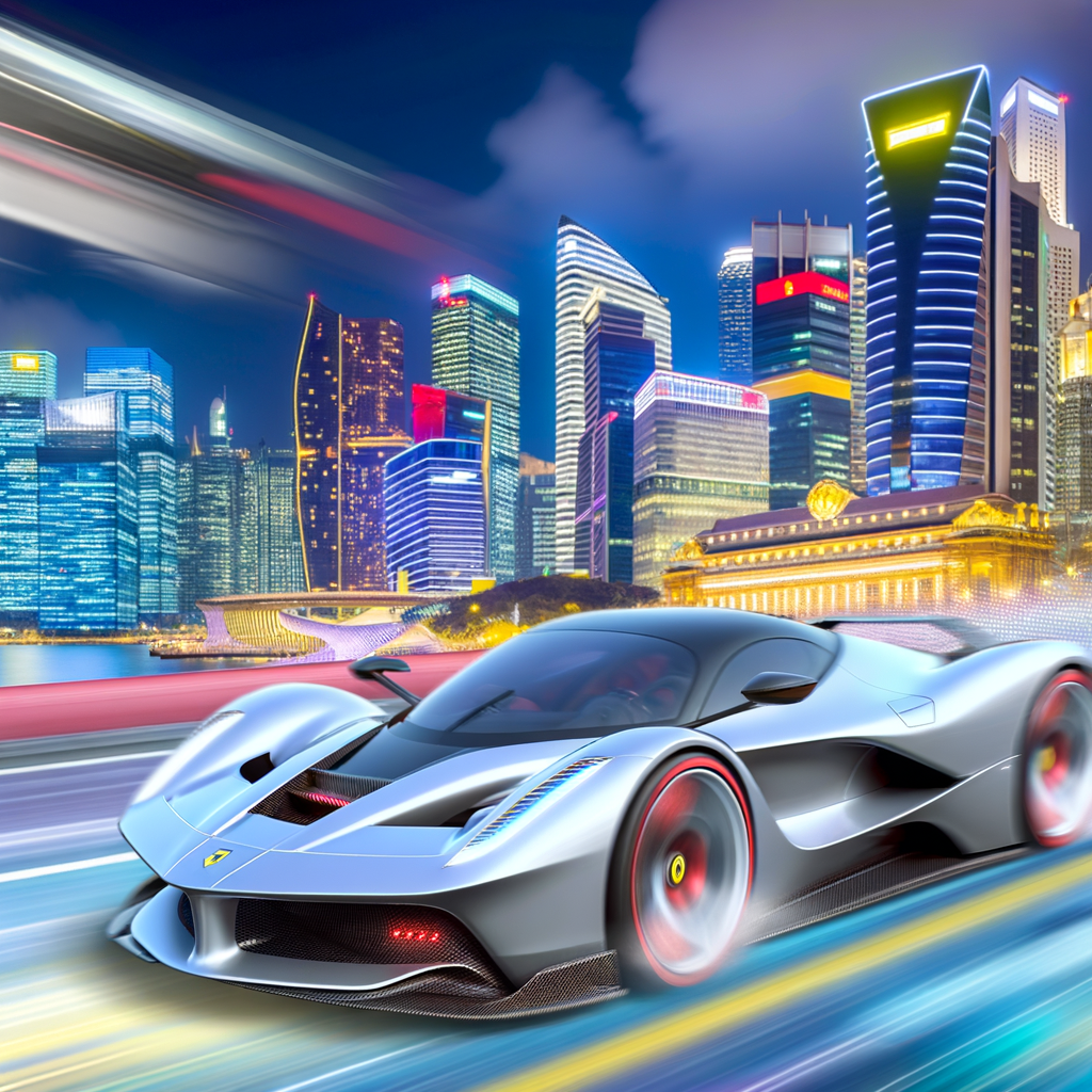 Ferrari hybrid supercar racing through futuristic city.