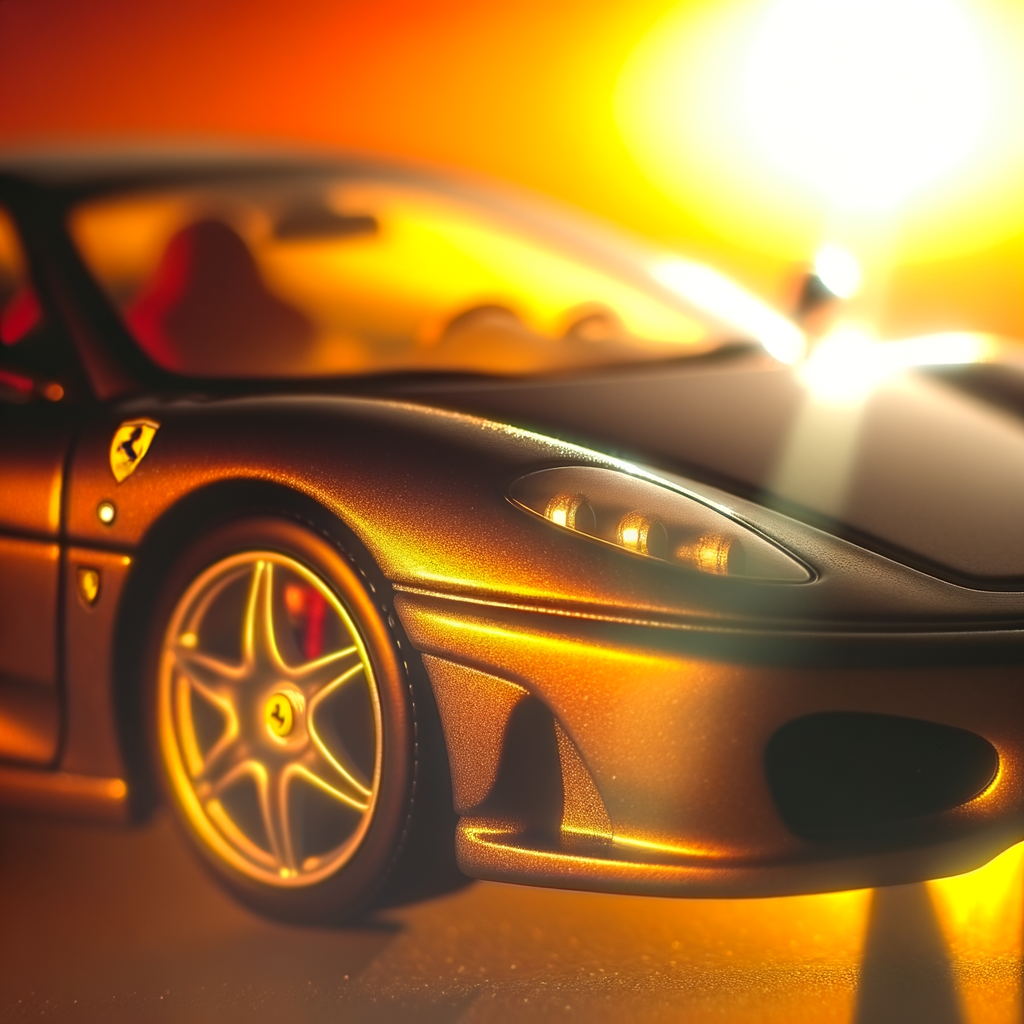 Ferrari supercar gleaming in sunset light.