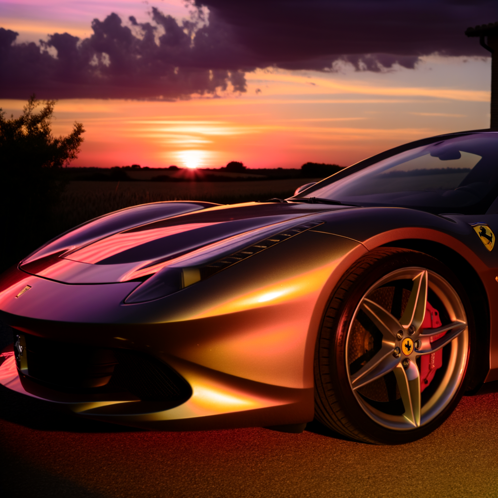 Ferrari supercar gleaming under Italian sunset.