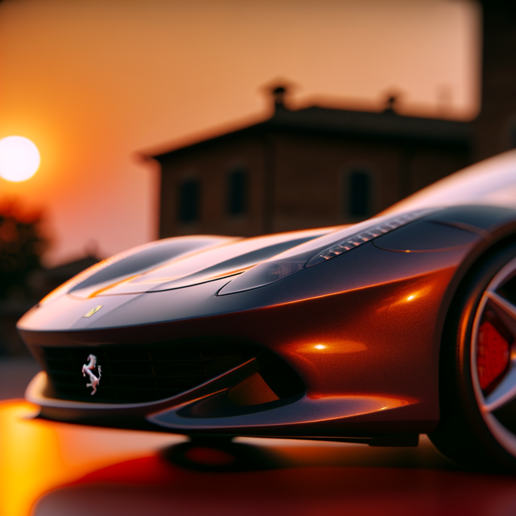 Ferrari supercar gleaming under Maranello sunset.