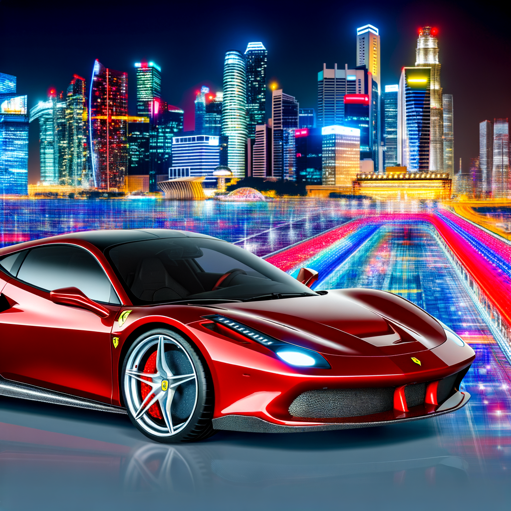 Ferrari supercar glides through futuristic cityscape.