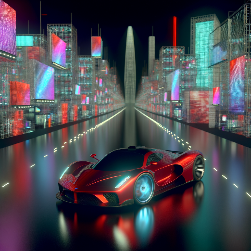 Ferrari supercar glides through futuristic cityscape.