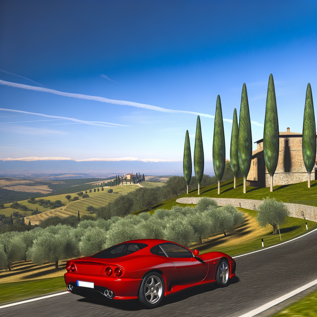 Ferrari supercar glides through scenic Italian landscape.