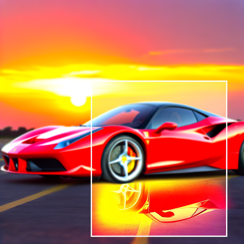 Ferrari supercar glistening under sunset lights.