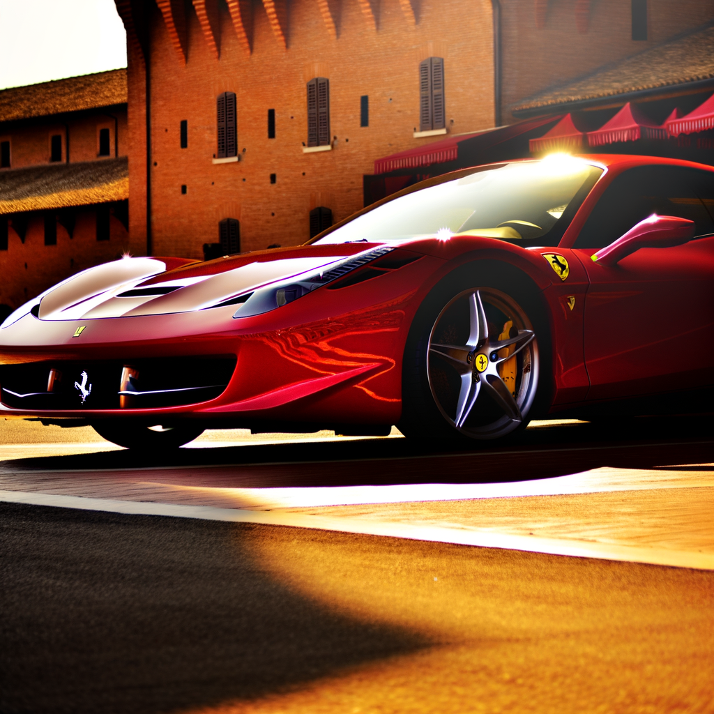 Ferrari supercar glistens under Maranello sunlight.