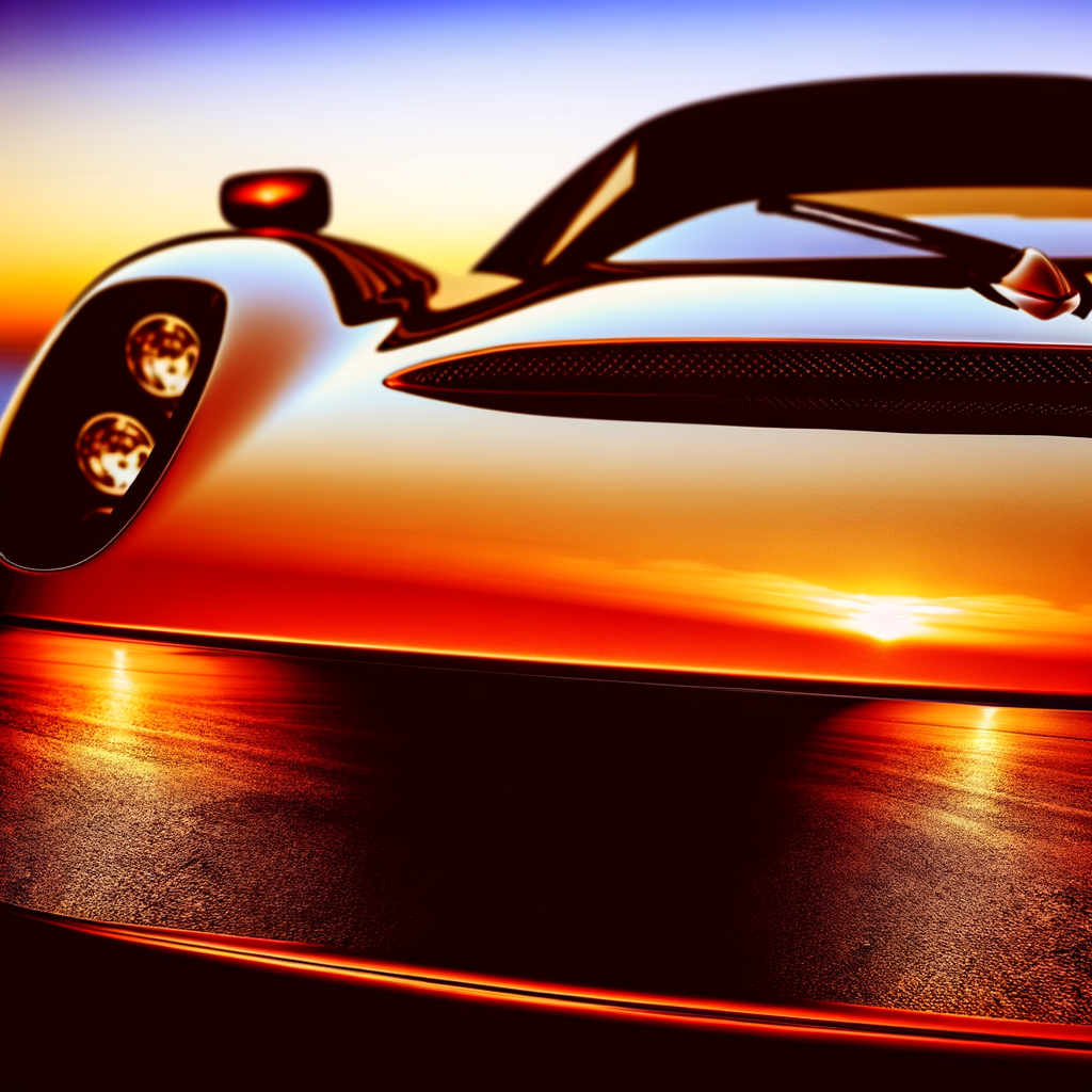 Ferrari supercar glistens under sunset's glow.