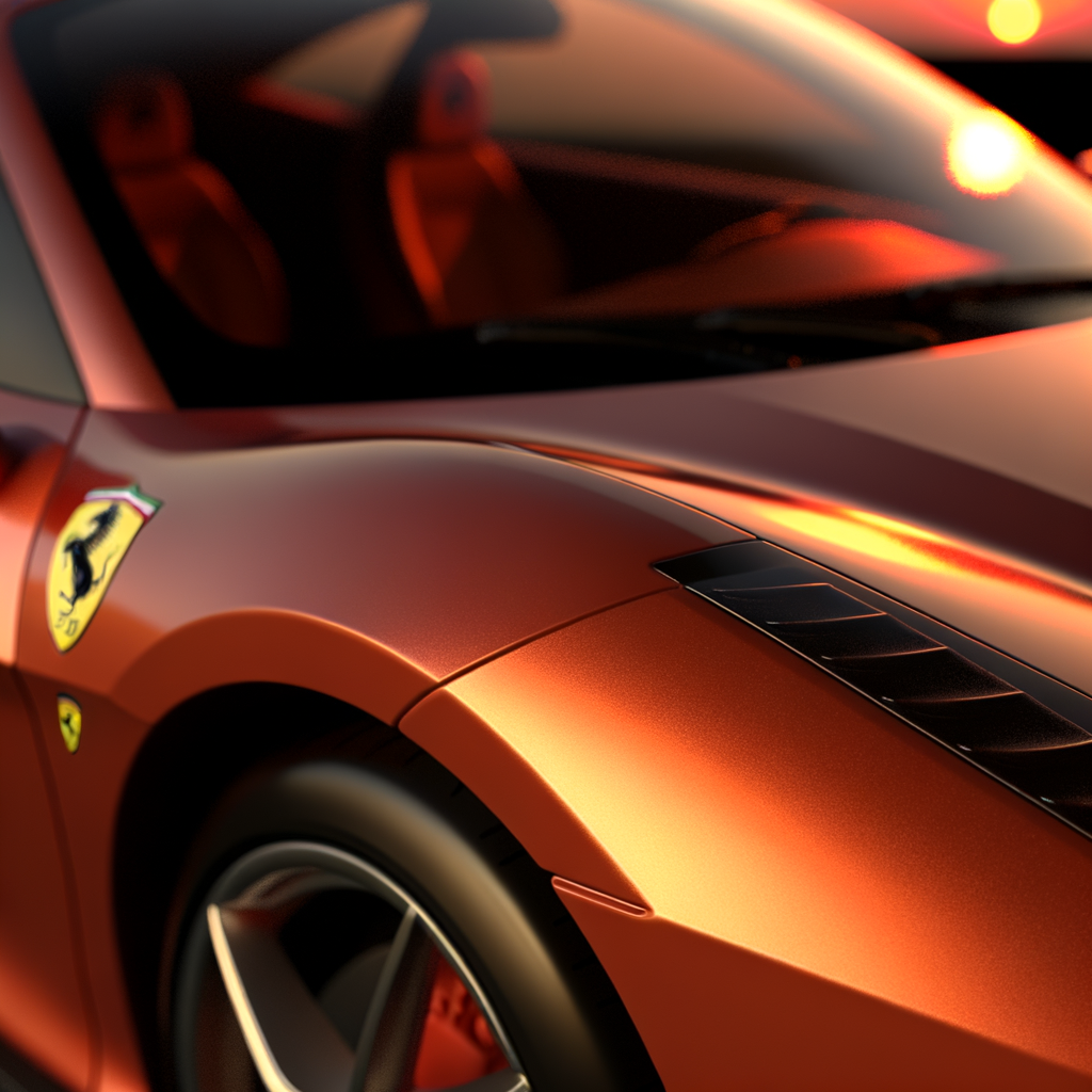 Ferrari supercar glistens under sunset's glow.