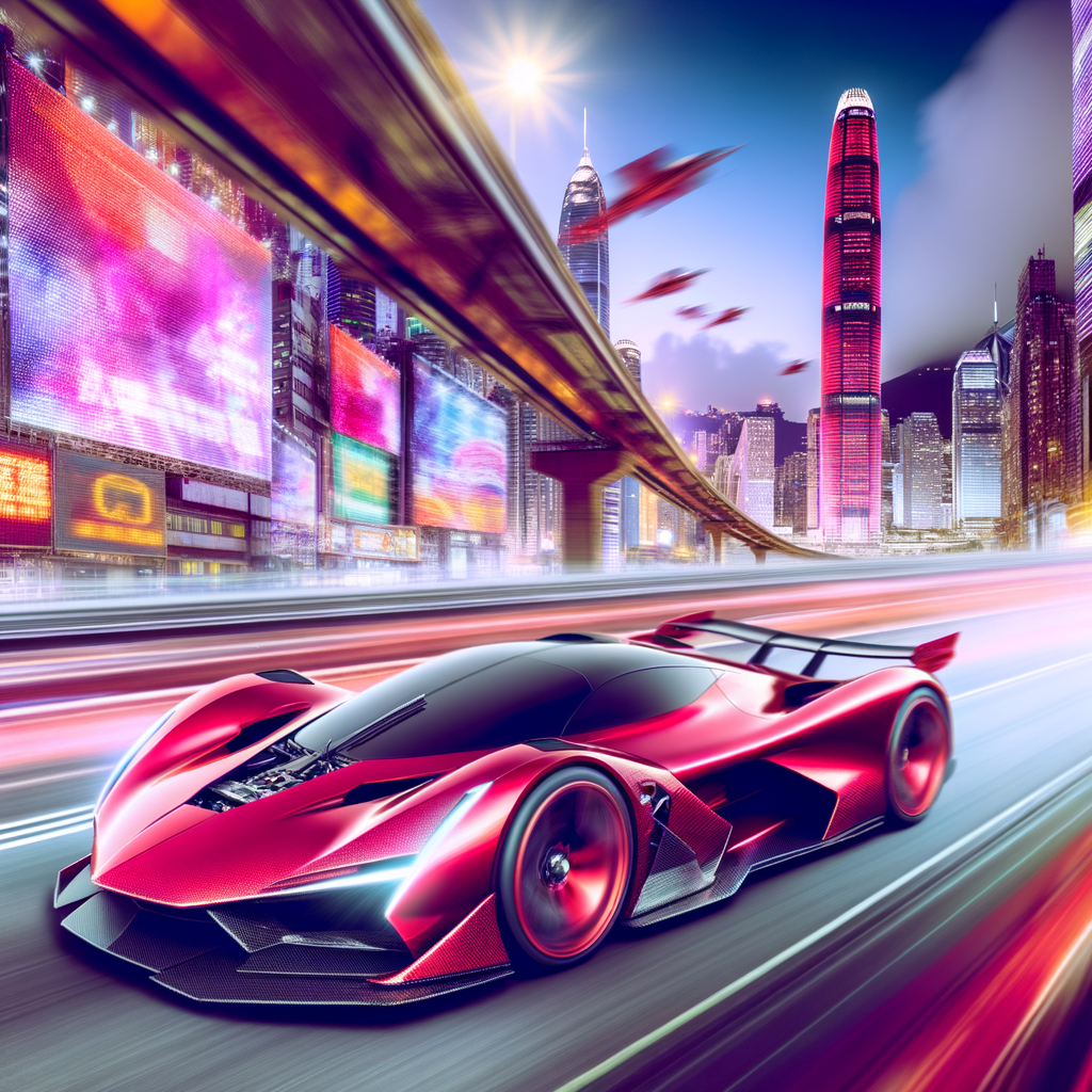 Ferrari supercar speeding through futuristic cityscape.