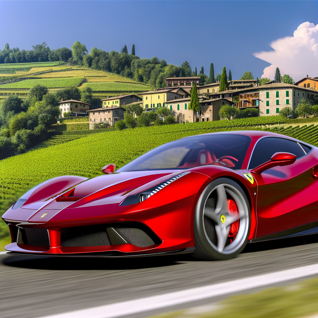 Ferrari supercar speeding through Italian countryside.