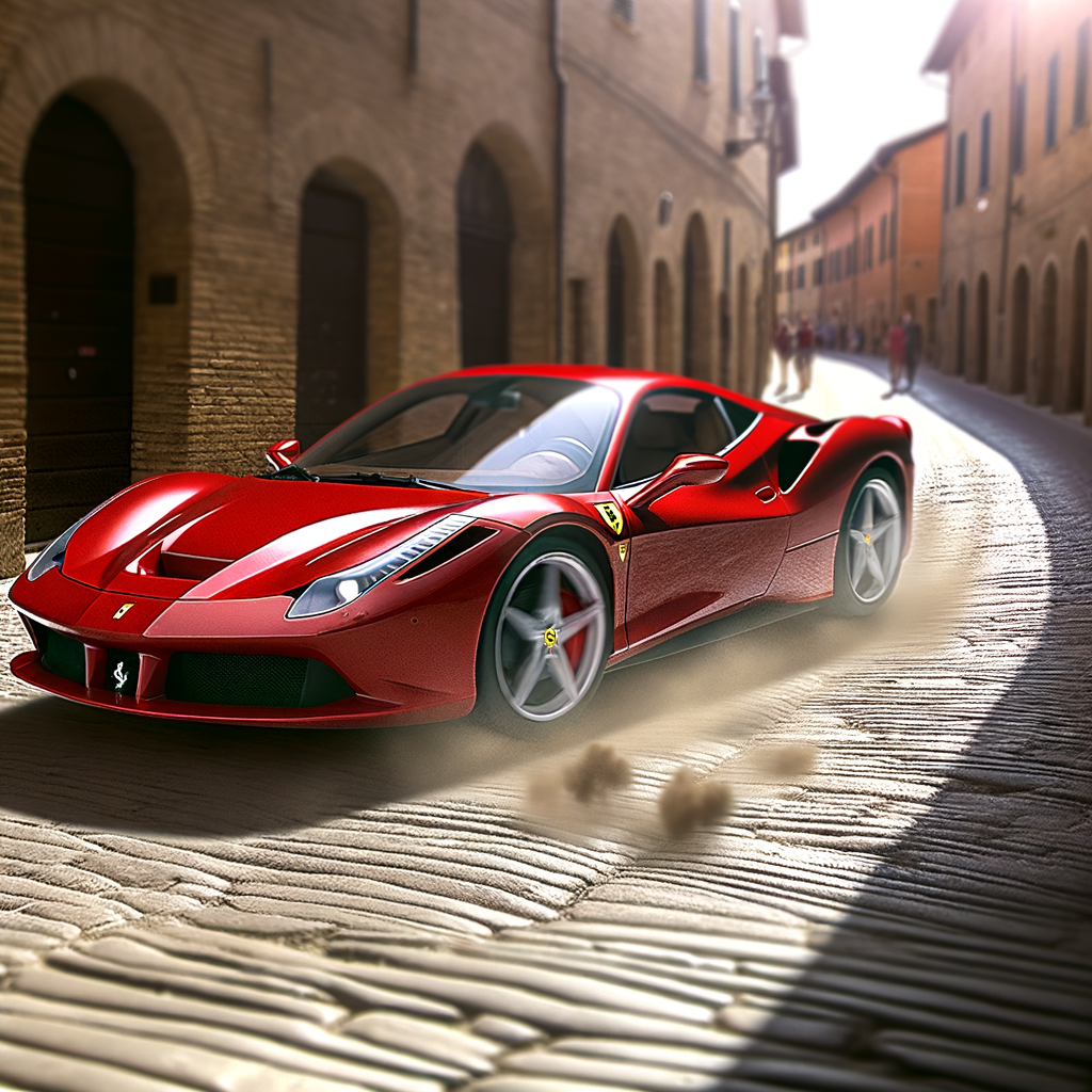 Ferrari supercar speeding through Maranello streets.